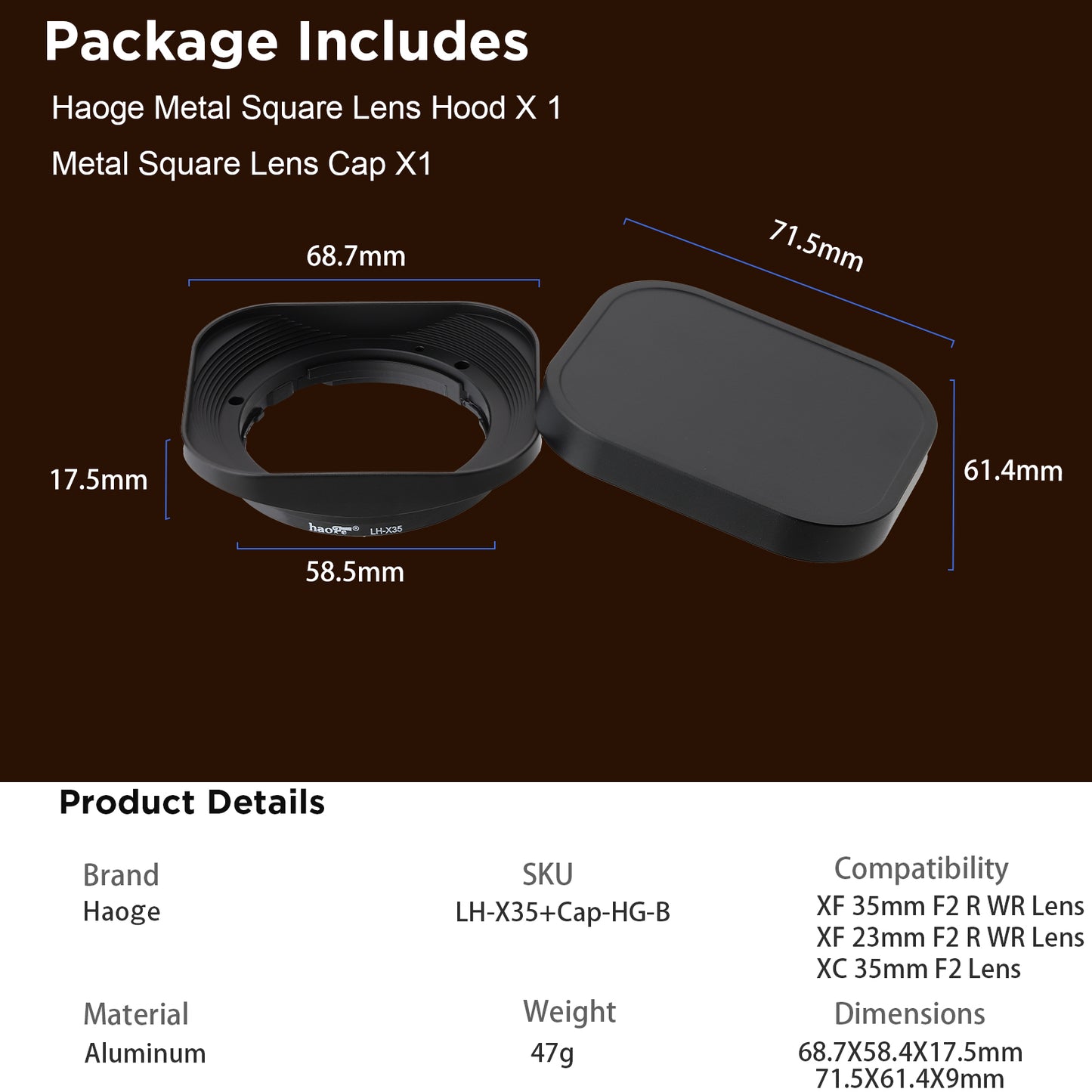 Haoge LH-X35 Square Metal Lens Hood Shade for Fuji Fujifilm XF 35mm f/2 R WR and XF 23mm f/2 R WR XC35mm F2 lens