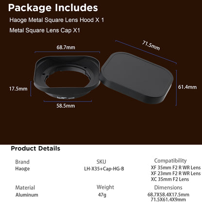 Haoge LH-X35 Square Metal Lens Hood Shade for Fuji Fujifilm XF 35mm f/2 R WR and XF 23mm f/2 R WR XC35mm F2 lens