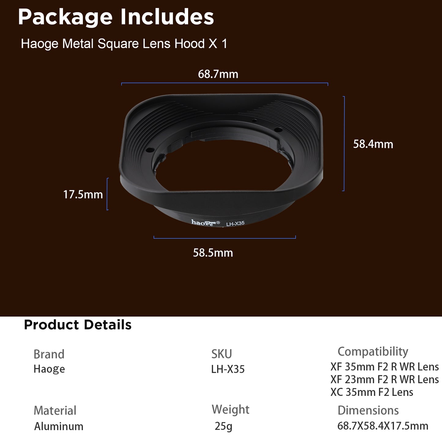 Haoge LH-X35 Square Metal Lens Hood Shade for Fuji Fujifilm XF 35mm f/2 R WR and XF 23mm f/2 R WR XC35mm F2 lens