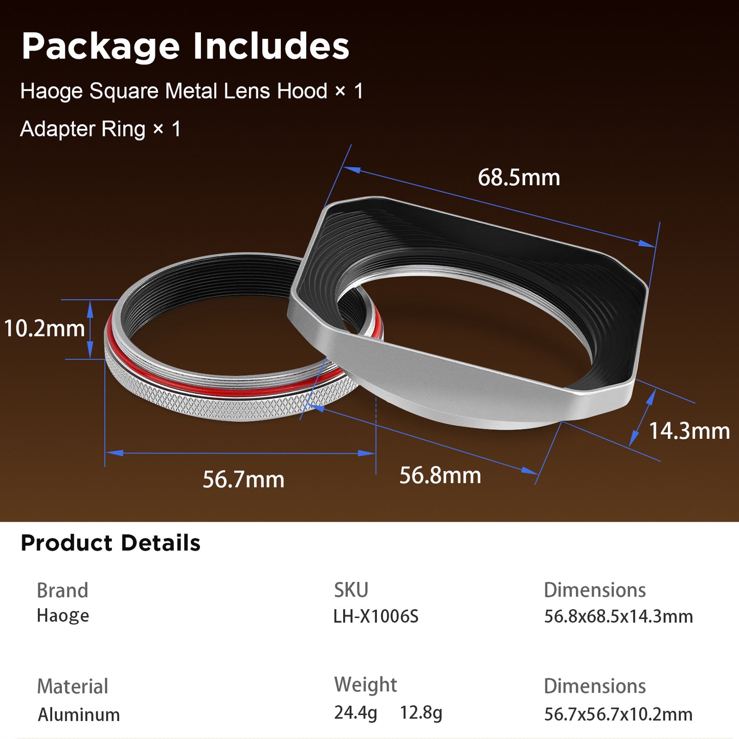 Haoge new version Square Metal Lens Hood for Fujifilm X100VI Fuji X100V X100F X100T X100S X70 Fuji Photo Camera Accessories with 49mm UV Filter Adapter Ring LH-X1006S Silver