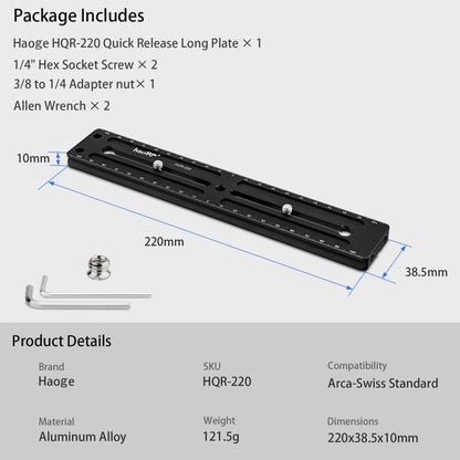 Haoge 220mm Multi-purpose Long Quick Release Extender Rail Sliding Plate for Camera Tripod Ballhead Clamp fit Benro Arca Swiss Sunwayfoto