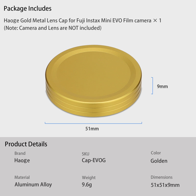 Haoge Metal Lens Cap for Fujifilm Instax Mini Evo Film Photo Camera  Accessories Lens Cover,Gold