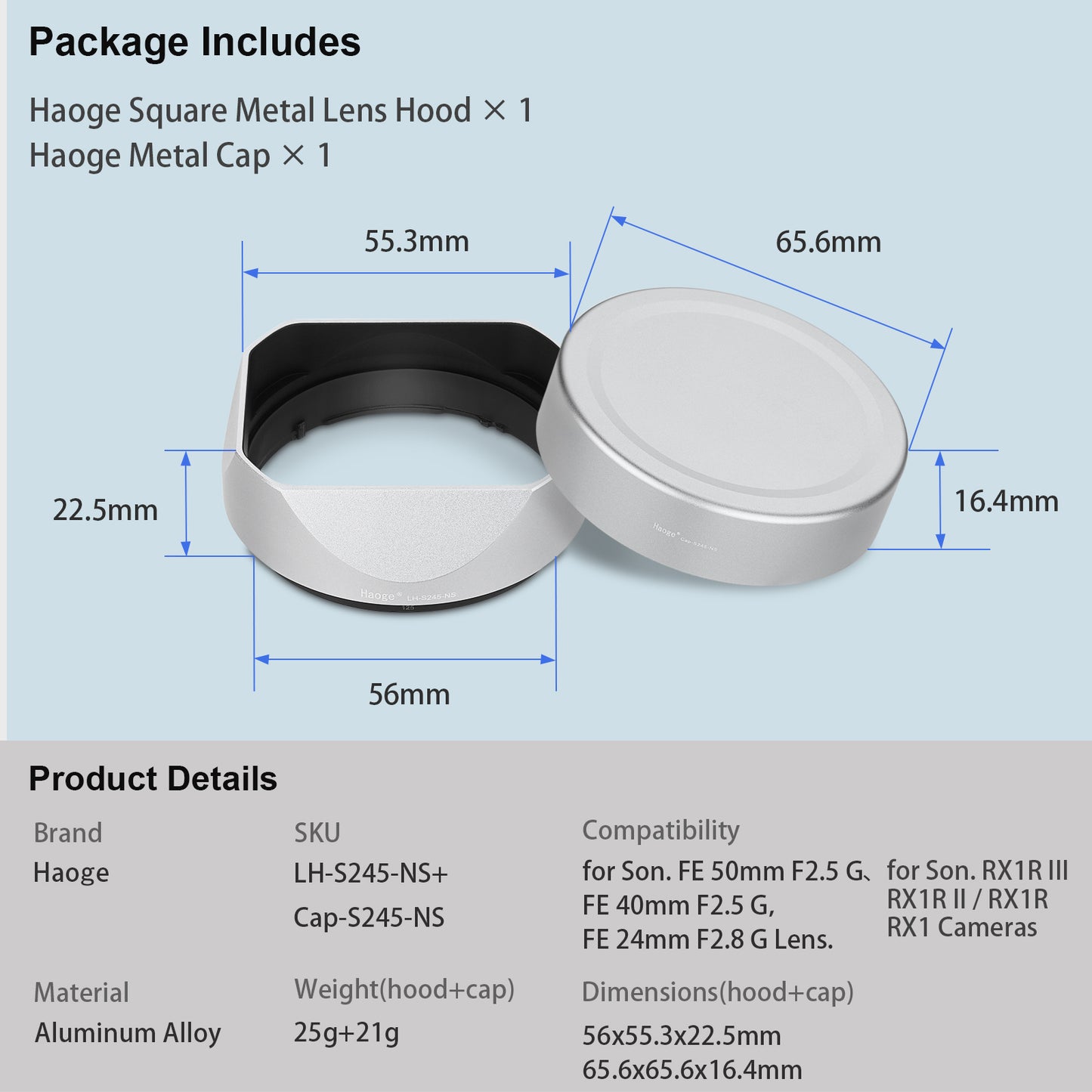 Haoge Metal Square Lens Hood for Sony RX1R3/RX1M2/RX1 FE 40mm F2.5 G FE 50mm F2.5 G FE 24mm F2.8 G Lens Shade on A7CII A7CR A7R4 Camera Bayonet  Mount Silver