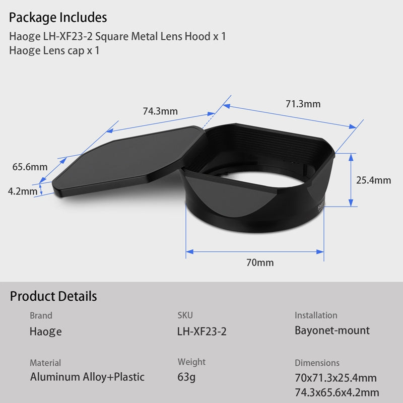 Haoge Metal Square Lens Hood for Fujifilm Fujinon Fuji XF 23mm f/1.4 R LM WR lens Replaces LH-XF23 II/LH-XF23-2 Lens Hood with a Hood Cap on X-T5 XT50 XH2 Camera