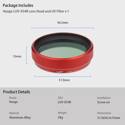 Haoge Metal Lens Hood with MC UV Protection Multicoated Ultraviolet Lens Filter for Fujifilm Fuji X100VI Camera Red LUV-X54R