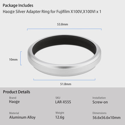 Haoge 49mm Lens Filter Adapter Ring for Fujifilm Fujinon X100VI X100V Camera fit 49mm UV CPL ND Filter Fit Original Lens Cap Silver LAR-X55S