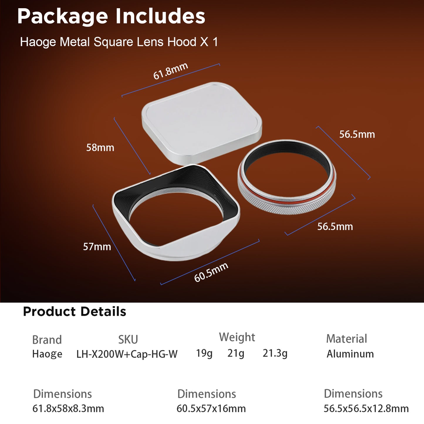 Haoge Square Metal Lens Hood  for Fujifilm X100VI Fuji X100V X100F X100T X100S X100 X70 with 49mm UV Filter Adapter Ring & Metal Cap Silver