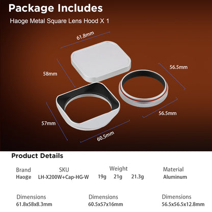 Haoge Square Metal Lens Hood  for Fujifilm X100VI Fuji X100V X100F X100T X100S X100 X70 with 49mm UV Filter Adapter Ring & Metal Cap Silver