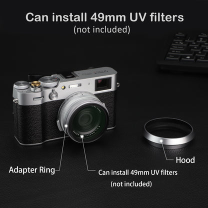 Haoge 3in1 Lens Hood with Adapter Ring with Cap Set for Fujifilm Fuji X100VI Camera Silver LH-X53W