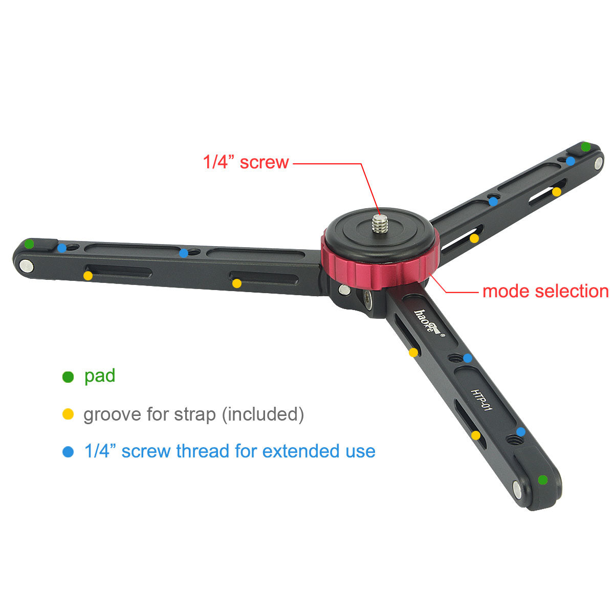 Haoge HTP-01 Table Top Tabletop Tripod Desktop Stand with 1/4 Screw Mount and Function Leg Design for DSLR Camcorder Digital Camera Low Angle Shot Macro Photography Max load 6.8kg 15lb