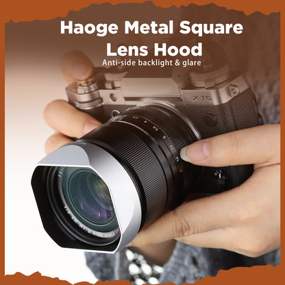 Haoge Silver Metal Square Lens Hood for Fujifilm XF33mm F1.4 R LM WR Lens, Fuji XF23mmF1.4 R LM WR,Fujinon XF 16-50mm F2.8-4.8 R LM WR lens, Bayonet  Hood Shade,With Metal Cap Kit,