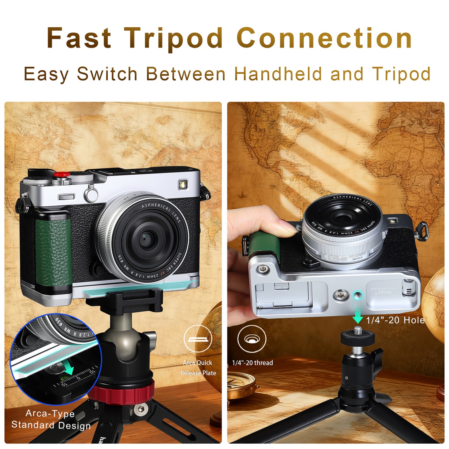 Haoge Handle Leather HandGrip for Fujifilm X-E5 Camera Body L-Shape Grip Bracket Silver With Arca-Swiss standard Plate HG-FUXE5N-S-G Green