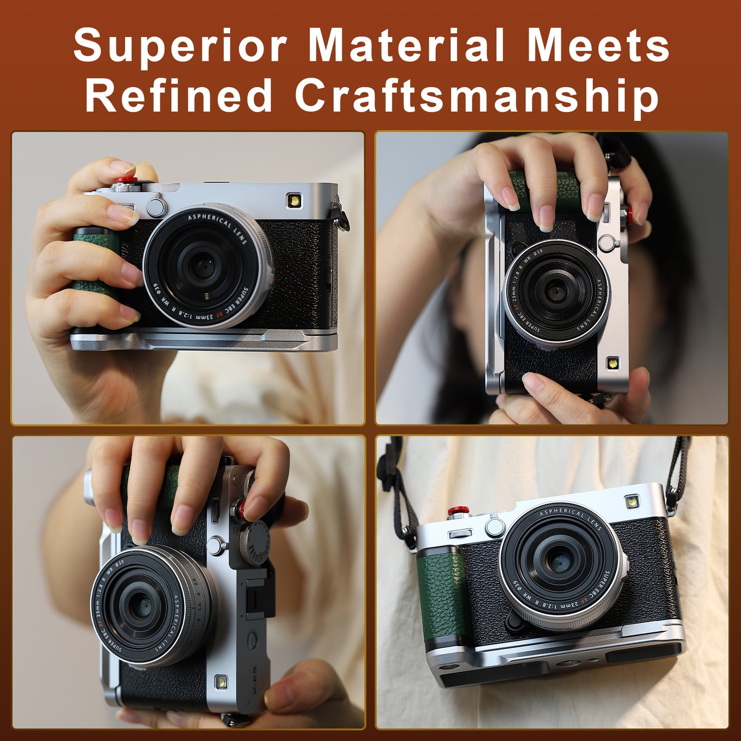 Haoge Handle Leather HandGrip for Fujifilm X-E5 Camera Body L-Shape Grip Bracket Silver With Arca-Swiss standard Plate HG-FUXE5N-S-G Green