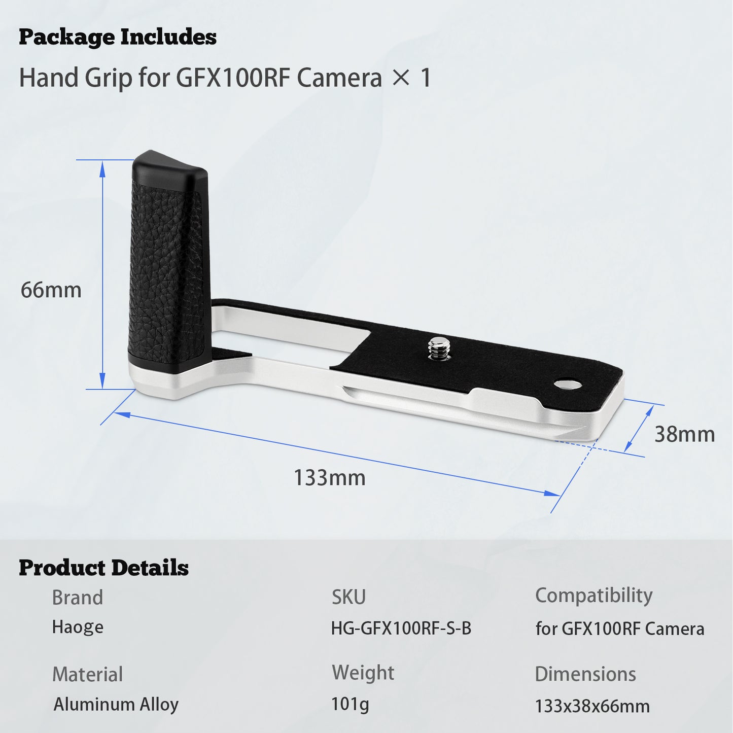 Haoge Handle HandGrip for Fujifilm GFX100RF Camera Body L-Shape Grip Bracket Silver Bottom quick-release plate