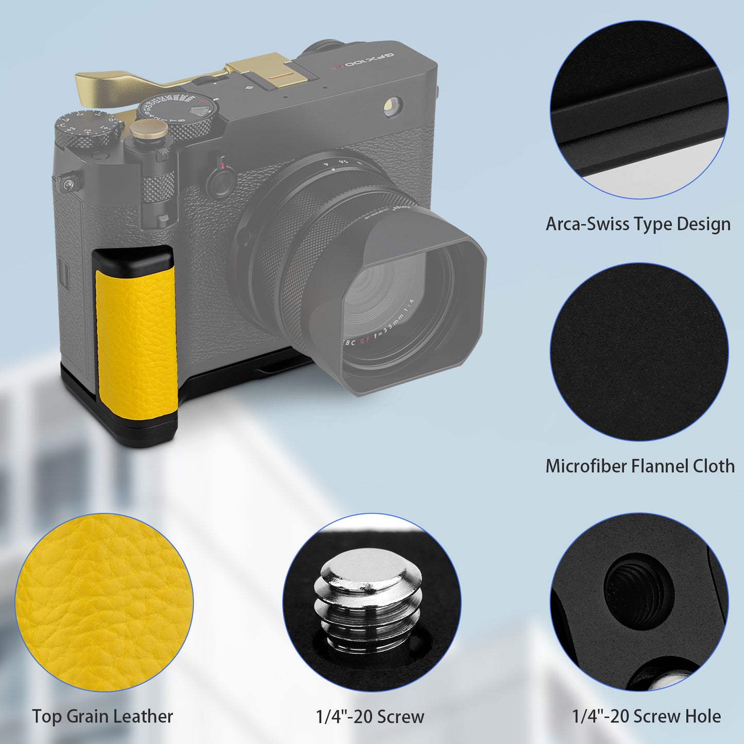 Haoge Handle HandGrip for Fujifilm GFX100RF Camera  Body L-Shape Grip Bracket Yellow With Arca-Swiss standard Plate