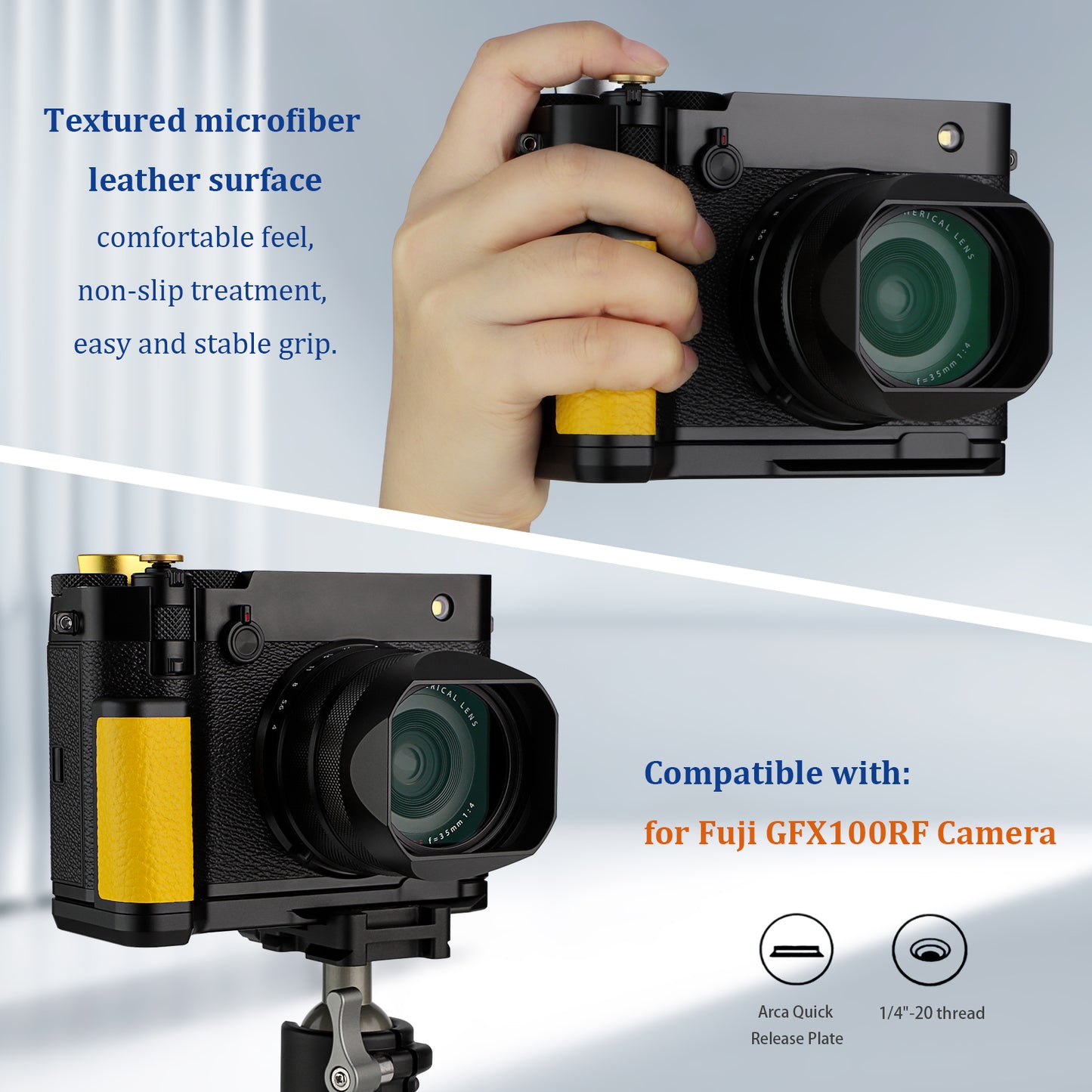 Haoge Handle HandGrip for Fujifilm GFX100RF Camera  Body L-Shape Grip Bracket Yellow With Arca-Swiss standard Plate