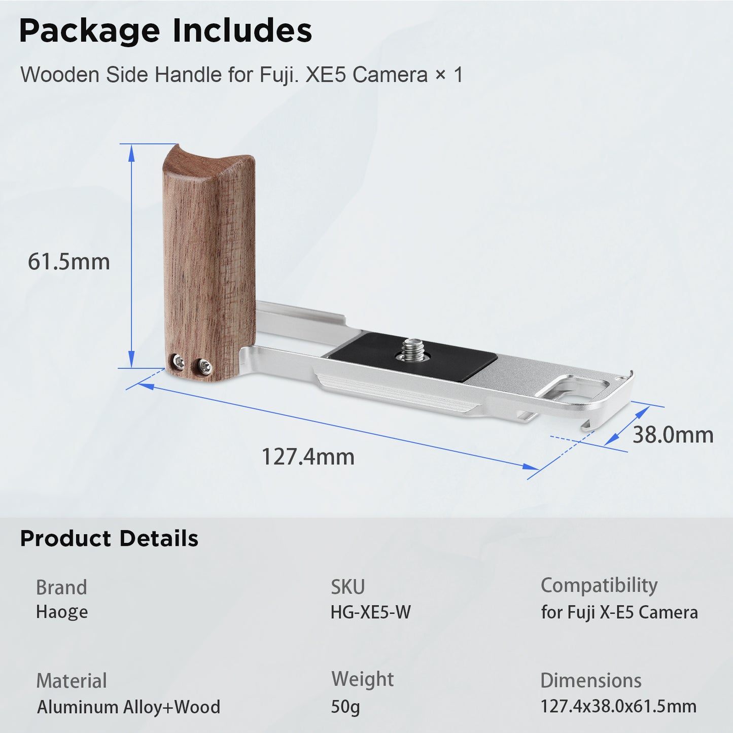 Haoge Wooden Side Handle for Fujifilm X-E5 xe5 Camera - L-Shape Premium Rosewood Grip with Quick Release Plate