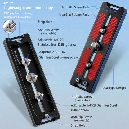 Haoge HQR-127 Tripod Arca Plates 127mm Universal Arca Swiss Quick Release Plate for Lens Tripod Ball Head with Hand-Adjustable Stainless Steel Screw of 1/4" and 3/8"  Built-in Strap hole (New Version)