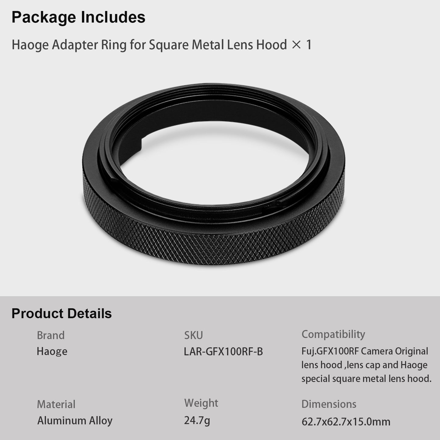 Haoge Adapter Ring for Fujifilm GFX100RF Camera Square Metal Lens Hood Accessories Bayonet Shades Compatible with GFX100RF Original Lens Cap Black