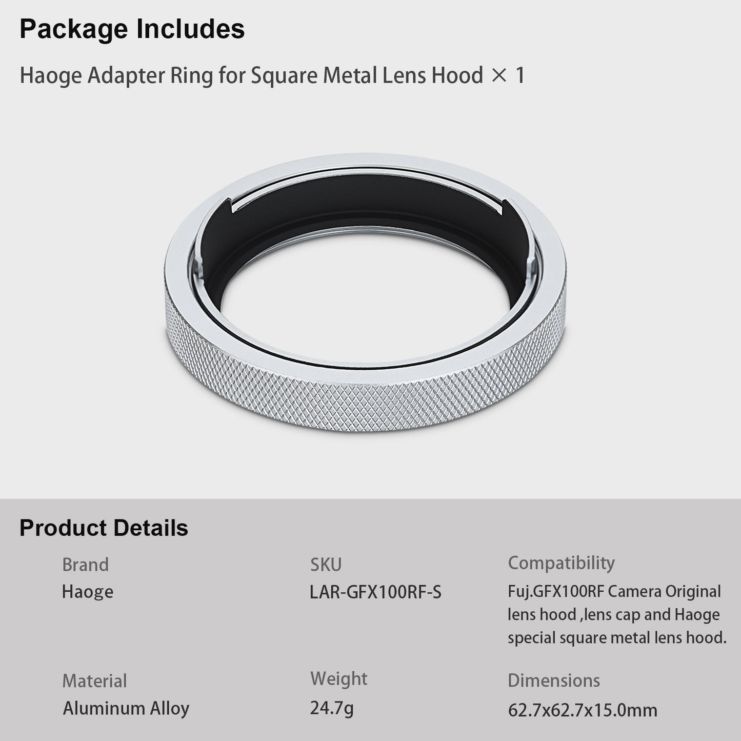 Haoge Adapter Ring for Fujifilm GFX100RF Camera Square Metal Lens Hood Accessories Bayonet Shades Compatible with GFX100RF Original Lens Cap 49mm UV Silver