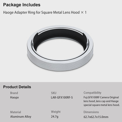 Haoge Adapter Ring for Fujifilm GFX100RF Camera Square Metal Lens Hood Accessories Bayonet Shades Compatible with GFX100RF Original Lens Cap 49mm UV Silver
