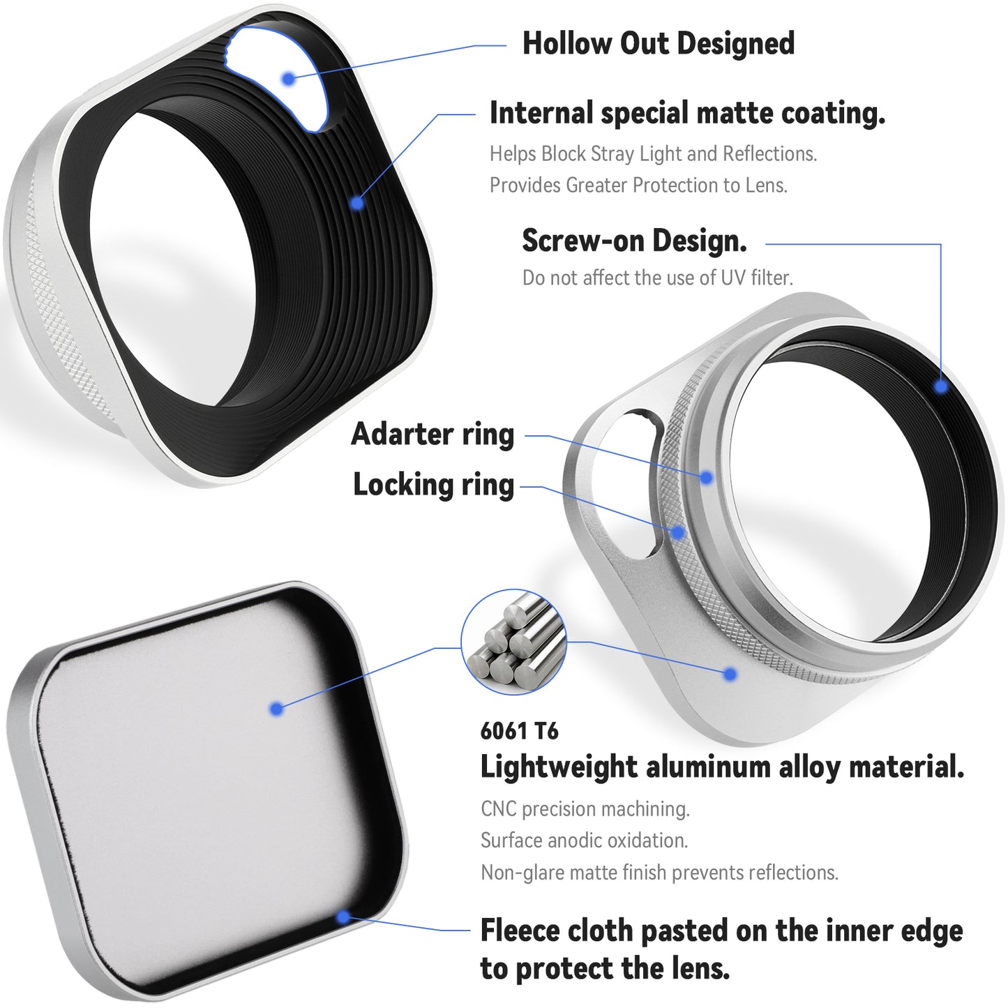 Haoge LH-ES3 Square Metal Lens Hood Hollow Out Designed with 49mm Adapter Ring with Cap for Fujifilm Fuji FinePix X100 X100S X100T X70 X100F X100V X100VI Camera Replaces LH-X100 AR-X100 LH-X70 Silver