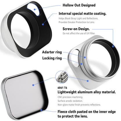 Haoge LH-ES3 Square Metal Lens Hood Hollow Out Designed with 49mm Adapter Ring with Cap for Fujifilm Fuji FinePix X100 X100S X100T X70 X100F X100V X100VI Camera Replaces LH-X100 AR-X100 LH-X70 Silver