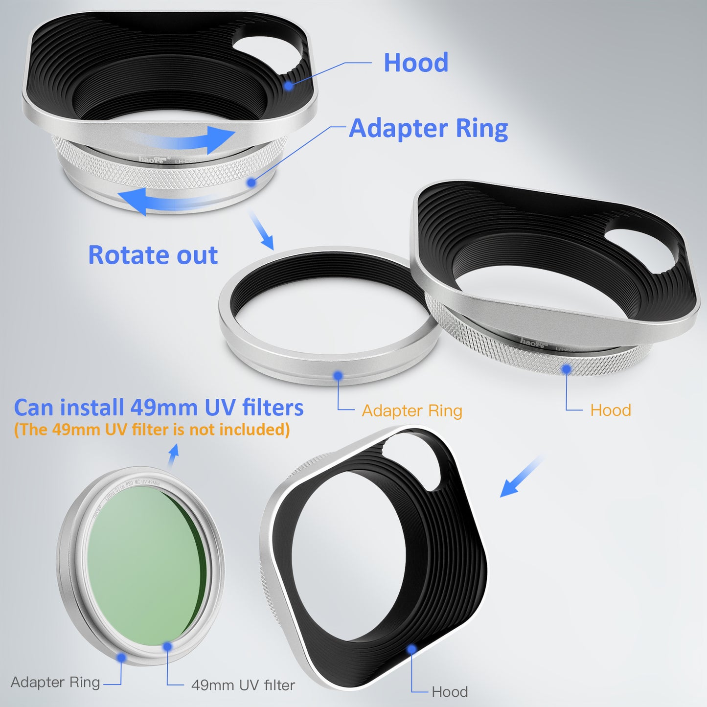Haoge LH-ES3 Square Metal Lens Hood Hollow Out Designed with 49mm Adapter Ring with Cap for Fujifilm Fuji FinePix X100 X100S X100T X70 X100F X100V X100VI Camera Replaces LH-X100 AR-X100 LH-X70 Silver