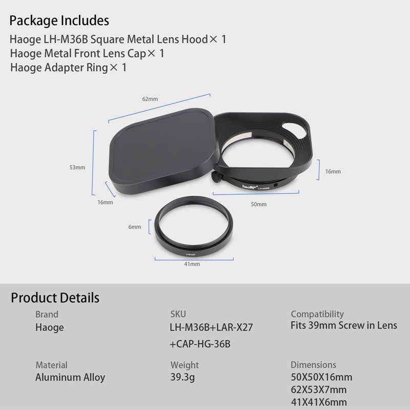 Haoge Metal Squaret Lens Hood for Fujifilm Fujinon XF27mmF2.8 R WR Lense Hood Black,With Metal Cap