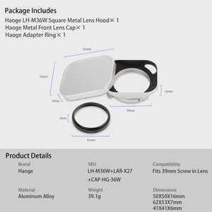 Haoge Lens Hood Metal Squaret for Fujifilm Fujinon XF27mmF2.8 R WR Lense Hood Silver ,With Metal Cap