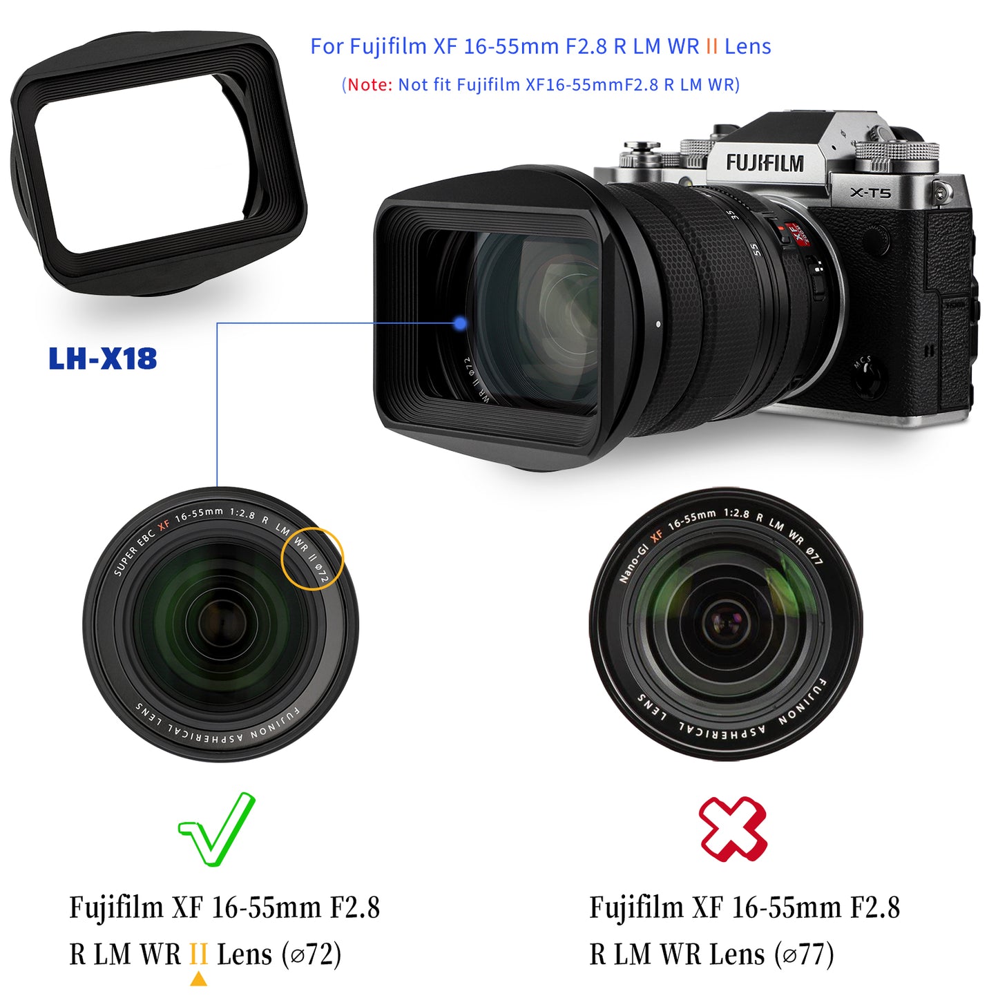 Haoge Square Metal Lens Hood Shade with Cap for Fujifilm Fuji Fujinon XF16-55mm F2.8 R LM WR II Lens on X-Pro3 XT30II XT5 XT50 Camera