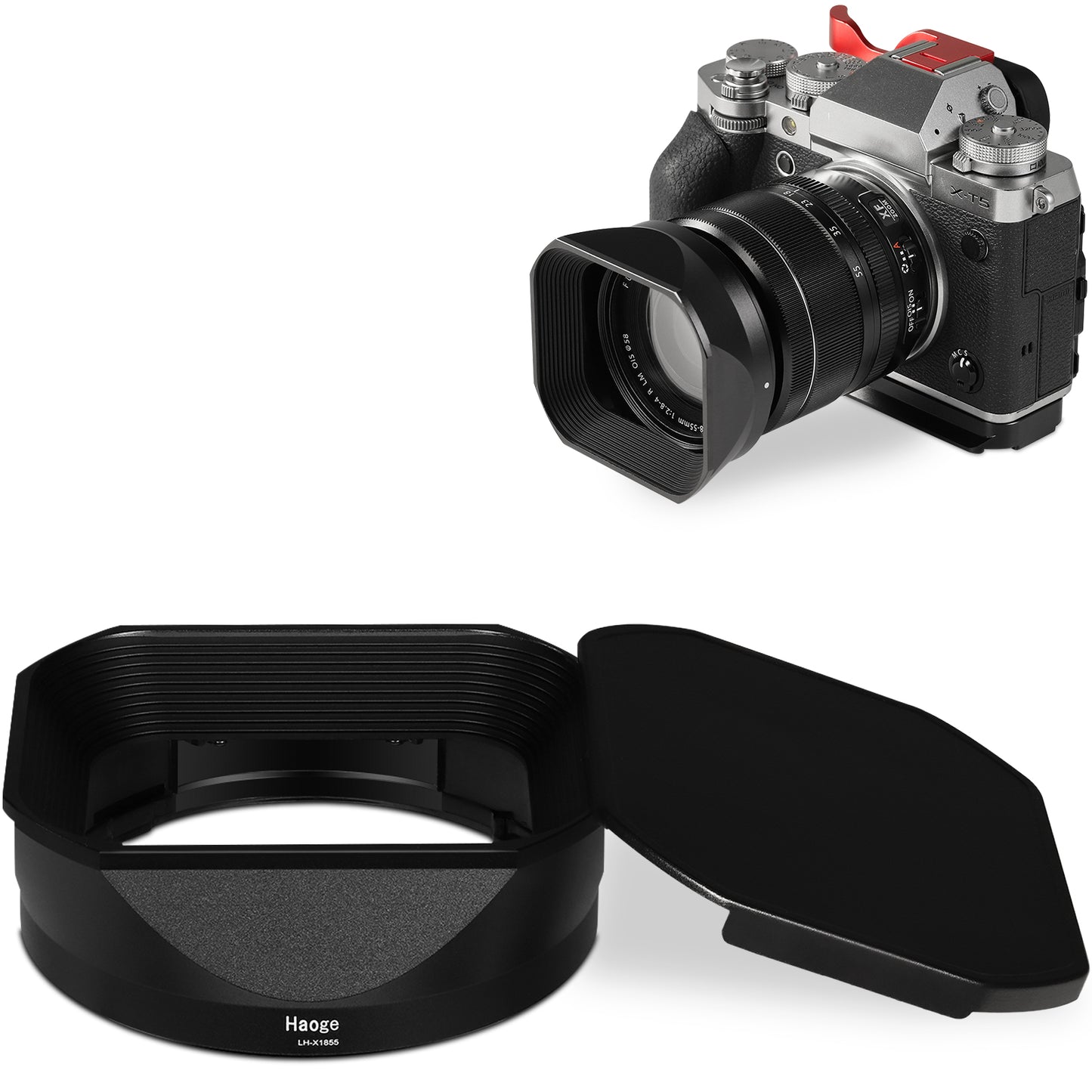 Haoge Metal Square Lens Hood for Fujifilm Fujinon XF 18-55mm F2.8-4.0 R LM OIS & XF 14mm F2.8 R lens with a Hood Cap on X-T5 X-T4 XT50 XH2 Camera