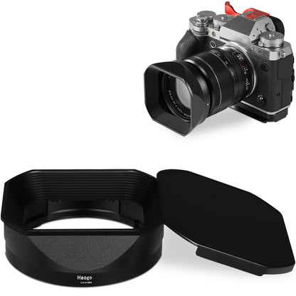 Haoge Metal Square Lens Hood for Fujifilm Fujinon XF 18-55mm F2.8-4.0 R LM OIS & XF 14mm F2.8 R lens with a Hood Cap on X-T5 X-T4 XT50 XH2 Camera