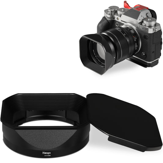 Haoge Metal Square Lens Hood for Fujifilm Fujinon XF 18-55mm F2.8-4.0 R LM OIS & XF 14mm F2.8 R lens with a Hood Cap on X-T5 X-T4 XT50 XH2 Camera