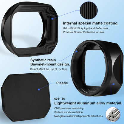 Haoge Metal Square Lens Hood for Fujifilm Fujinon XF 18-55mm F2.8-4.0 R LM OIS & XF 14mm F2.8 R lens with a Hood Cap on X-T5 X-T4 XT50 XH2 Camera