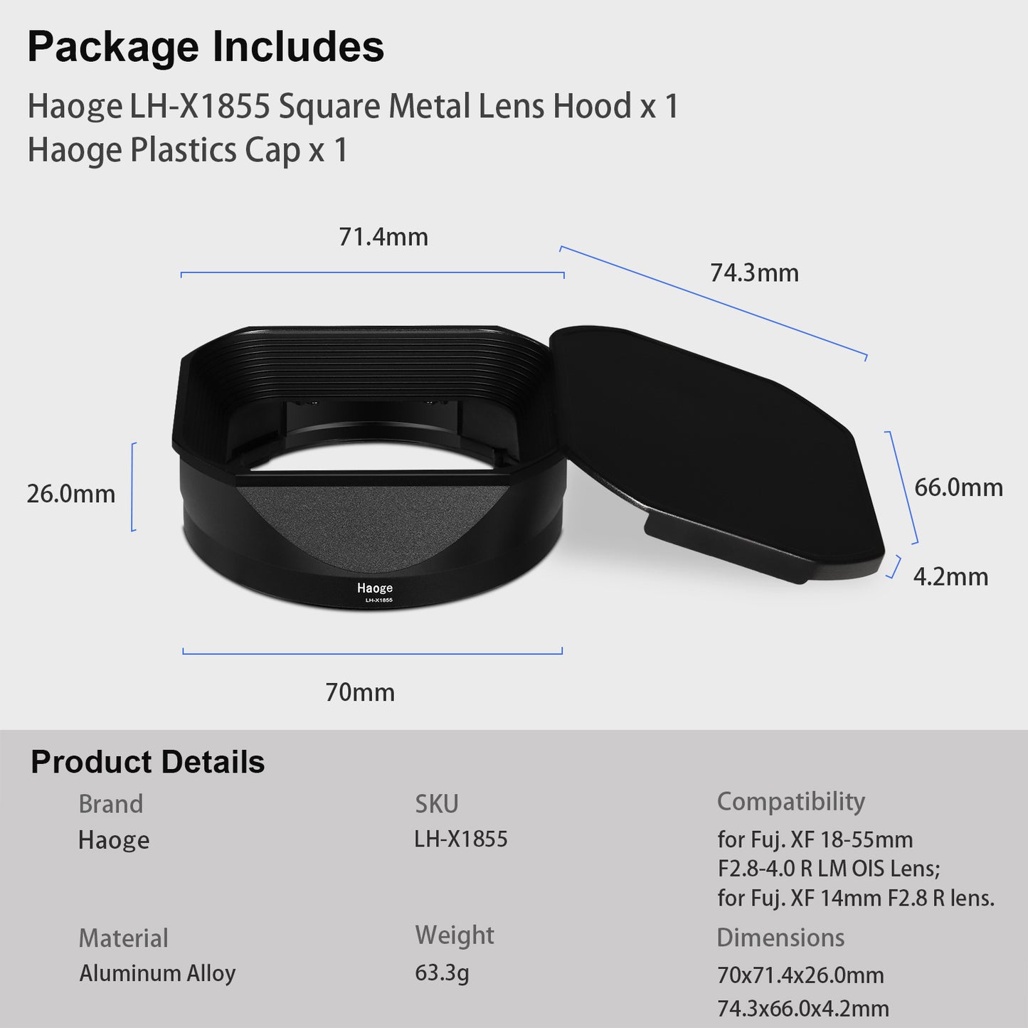 Haoge Metal Square Lens Hood for Fujifilm Fujinon XF 18-55mm F2.8-4.0 R LM OIS & XF 14mm F2.8 R lens with a Hood Cap on X-T5 X-T4 XT50 XH2 Camera