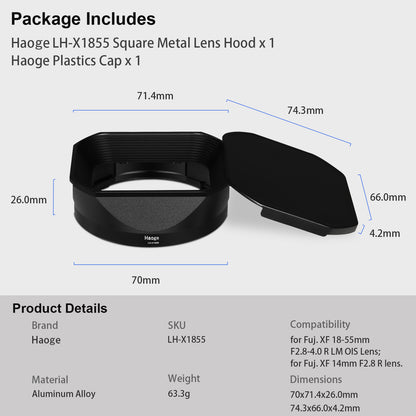 Haoge Metal Square Lens Hood for Fujifilm Fujinon XF 18-55mm F2.8-4.0 R LM OIS & XF 14mm F2.8 R lens with a Hood Cap on X-T5 X-T4 XT50 XH2 Camera
