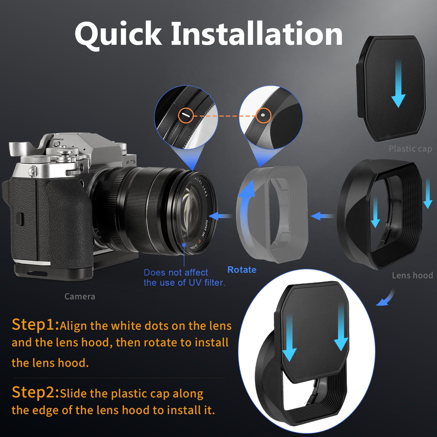 Haoge Metal Square Lens Hood for Fujifilm Fujinon XF 18-55mm F2.8-4.0 R LM OIS & XF 14mm F2.8 R lens with a Hood Cap on X-T5 X-T4 XT50 XH2 Camera