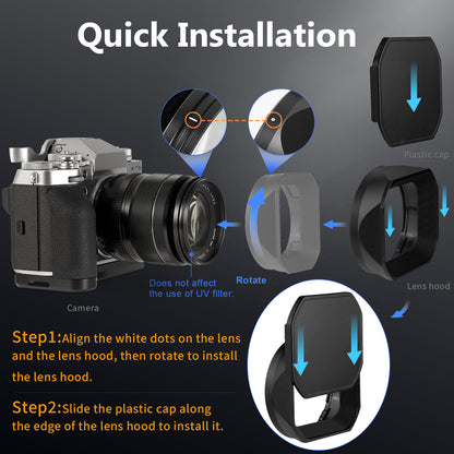 Haoge Metal Square Lens Hood for Fujifilm Fujinon XF 18-55mm F2.8-4.0 R LM OIS & XF 14mm F2.8 R lens with a Hood Cap on X-T5 X-T4 XT50 XH2 Camera