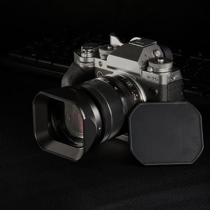Haoge Metal Square Lens Hood for Fujifilm Fujinon XF 18-55mm F2.8-4.0 R LM OIS & XF 14mm F2.8 R lens with a Hood Cap on X-T5 X-T4 XT50 XH2 Camera