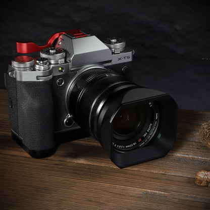 Haoge Metal Square Lens Hood for Fujifilm Fujinon XF 18-55mm F2.8-4.0 R LM OIS & XF 14mm F2.8 R lens with a Hood Cap on X-T5 X-T4 XT50 XH2 Camera