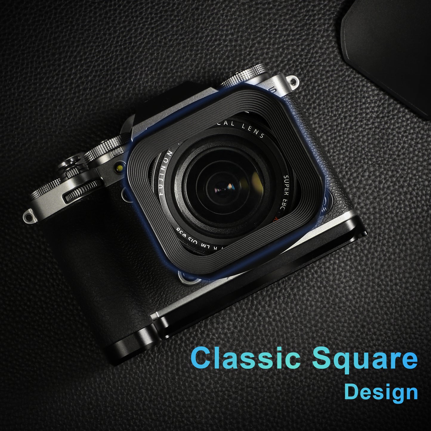 Haoge Metal Square Lens Hood for Fujifilm Fujinon XF 18-55mm F2.8-4.0 R LM OIS & XF 14mm F2.8 R lens with a Hood Cap on X-T5 X-T4 XT50 XH2 Camera
