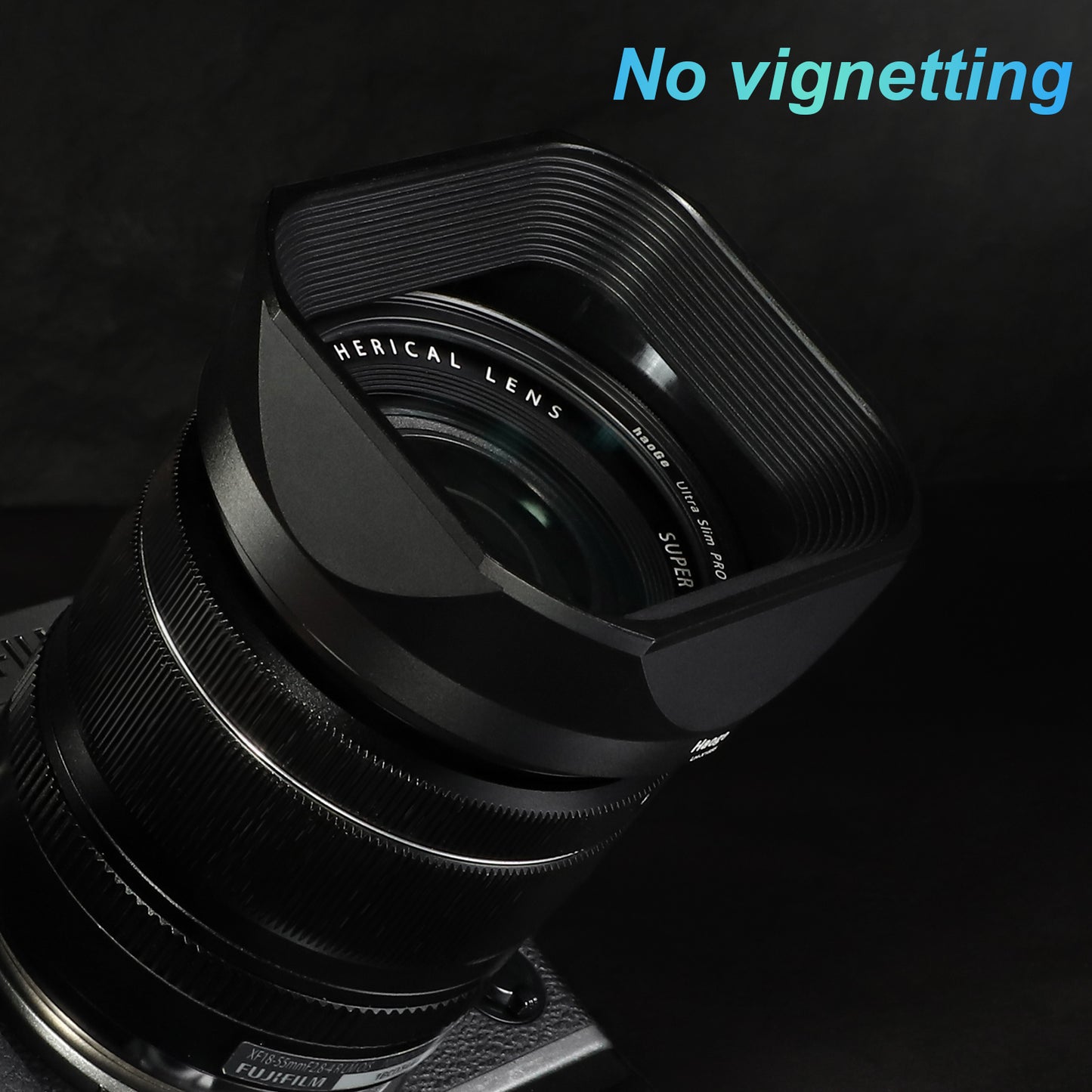 Haoge Metal Square Lens Hood for Fujifilm Fujinon XF 18-55mm F2.8-4.0 R LM OIS & XF 14mm F2.8 R lens with a Hood Cap on X-T5 X-T4 XT50 XH2 Camera