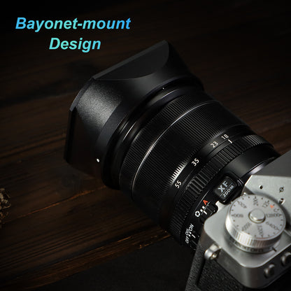 Haoge Metal Square Lens Hood for Fujifilm Fujinon XF 18-55mm F2.8-4.0 R LM OIS & XF 14mm F2.8 R lens with a Hood Cap on X-T5 X-T4 XT50 XH2 Camera