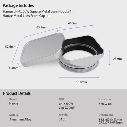 Haoge LH-X200S Square Metal Lens Hood with 49mm Adapter Ring for Fujifilm X100VI Fuji X1006 X100V X100F X100T X100S X100 X70 Fuji Photo Camera Accessories Silver