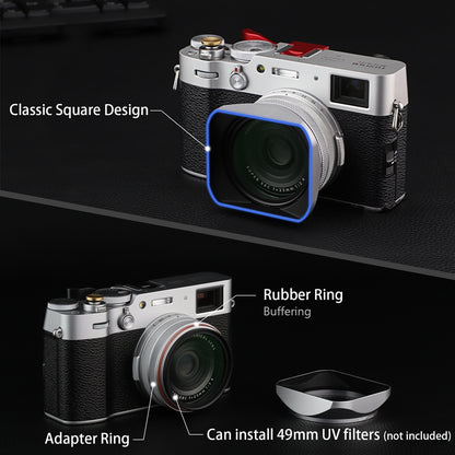 Haoge LH-X200S Square Metal Lens Hood with 49mm Adapter Ring for Fujifilm X100VI Fuji X1006 X100V X100F X100T X100S X100 X70 Fuji Photo Camera Accessories Silver
