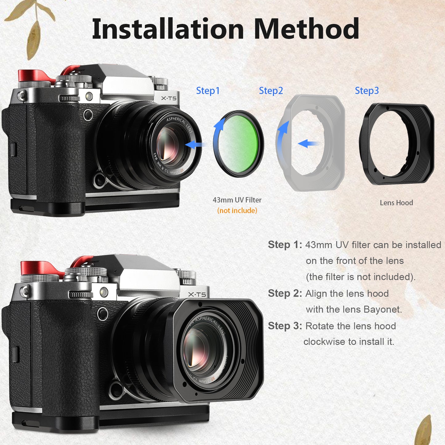 Haoge Metal Square Lens Hood for Fujifilm XF35mm f2 R WR and XF23mm f2 R WR Lens,XC35mm F2 Lens Shade on Fuji X-T5 XT50 XT30III Bayonet  Mount LH-X35-NB