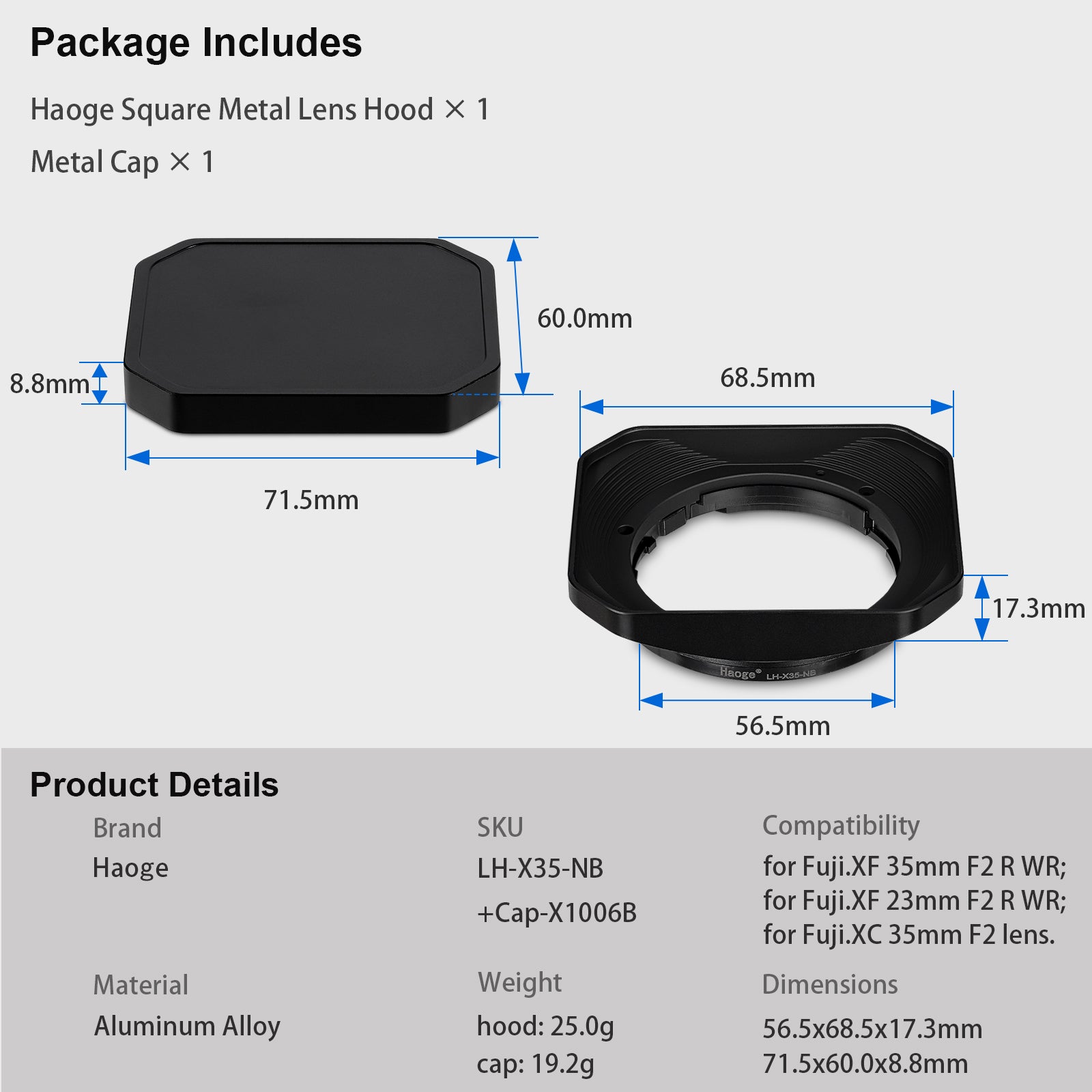 Haoge Metal Square Lens Hood for Fujifilm XF35mm f2 R WR and