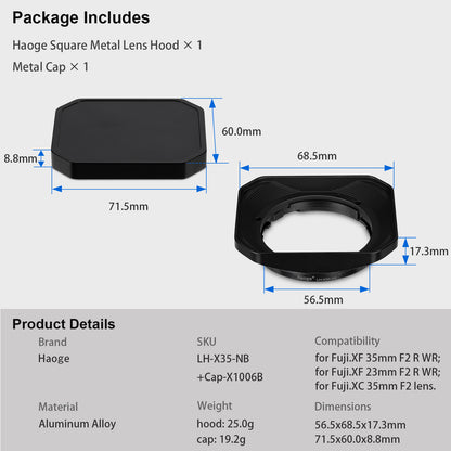 Haoge Metal Square Lens Hood for Fujifilm XF35mm f2 R WR and XF23mm f2 R WR Lens,XC35mm F2 Lens Shade on Fuji X-T5 XT50 XT30III Bayonet  Mount LH-X35-NB