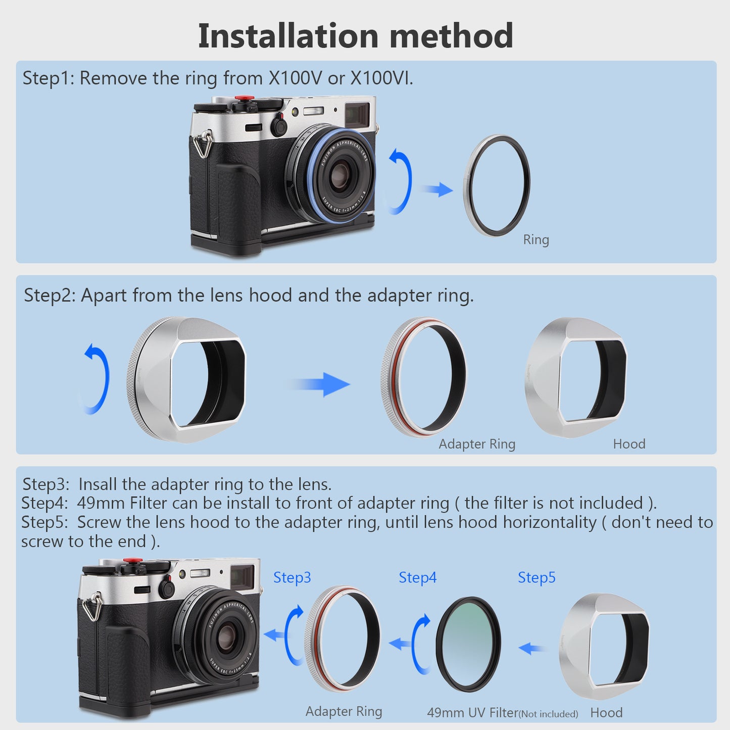 Haoge Square Metal Lens Hood Shade with Cap and 49mm Adapter Ring for Fuji Fujifilm FinePix X100VI x100vi x100v x100f x100t x100s x100 x70 Camera Accessories Silver LH-X54W+Cap-X54W
